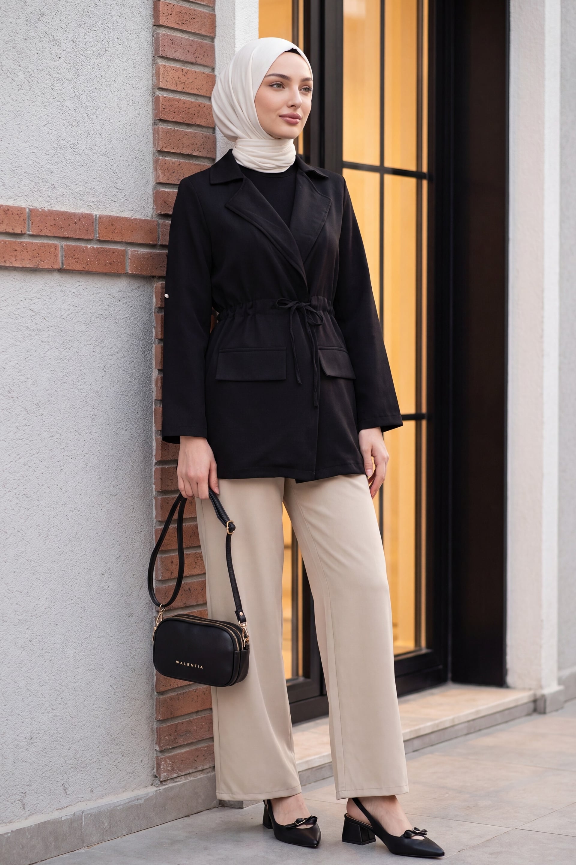 Tunnel Drawstring Pocket Detail Linen-Look Kimono - Black - Podyumplus - by Peralane - photo 3