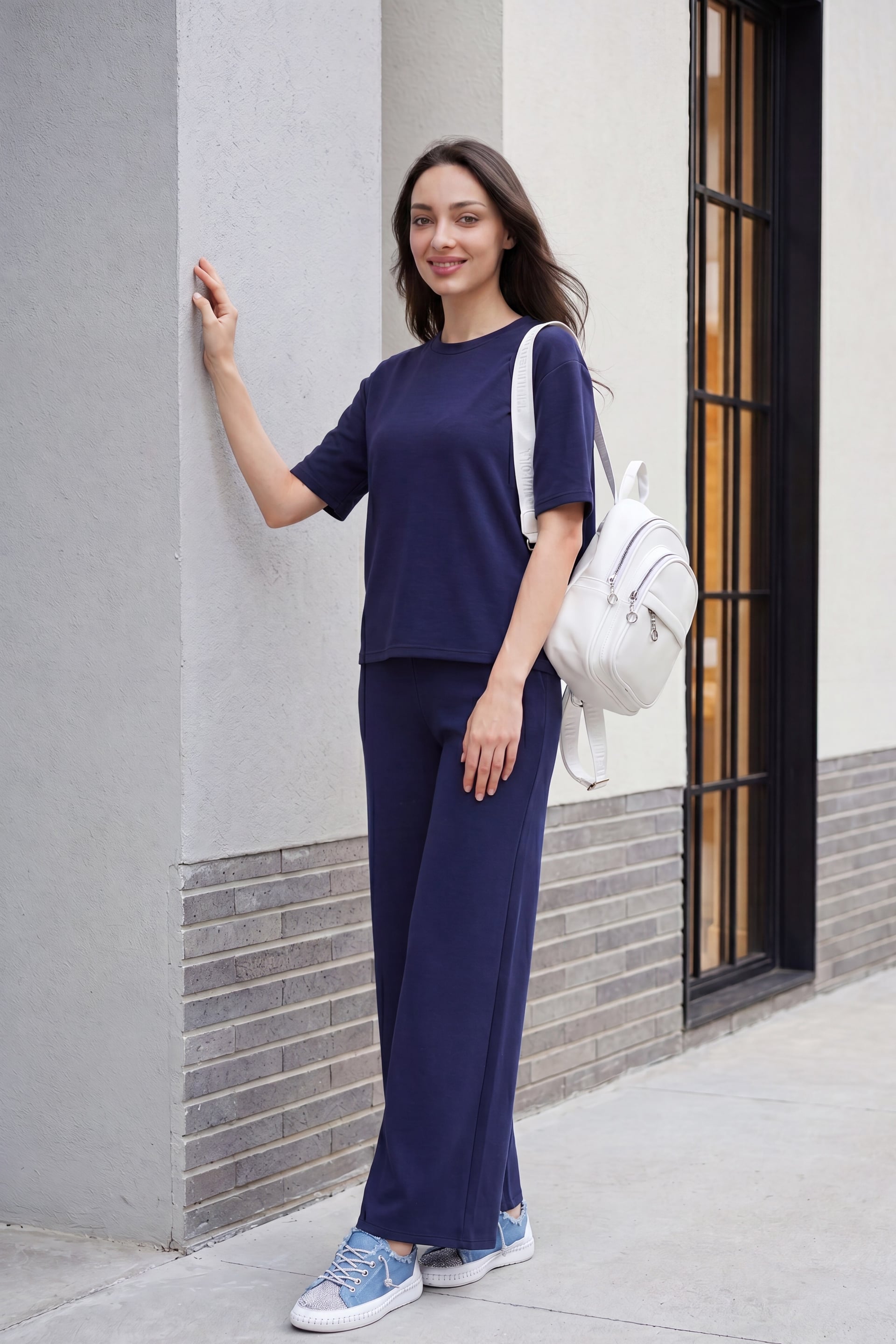 Navy Blue Crew Neck Short Sleeve T-Shirt and Wide-Leg Trousers Set - Podyumplus - by Peralane - photo 3