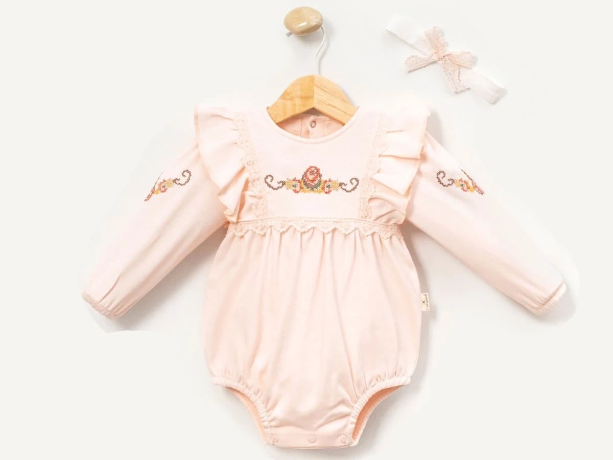Baby Girl's Floral Embroidered Ruffle Romper with Headband Set - Cayzen - by Peralane
