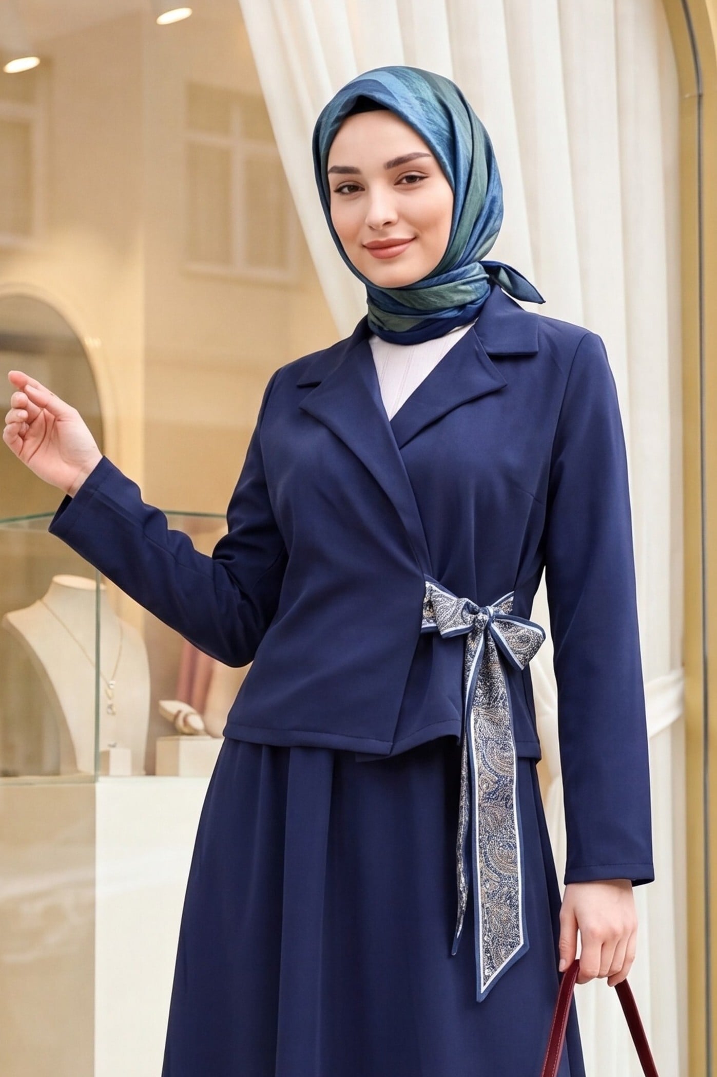 Women's Navy Blue Wrap Blazer and A-Line Skirt Co-ord Set - Podyumplus - by Peralane - photo 4