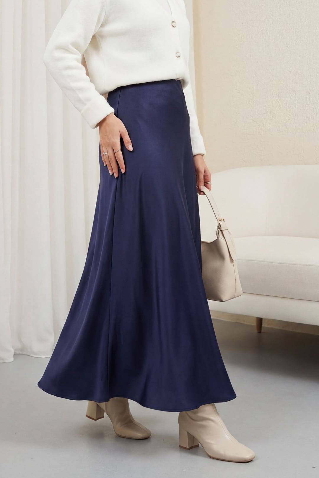 Navy Blue Elastic Waist Satin Skirt - Podyumplus - by Peralane