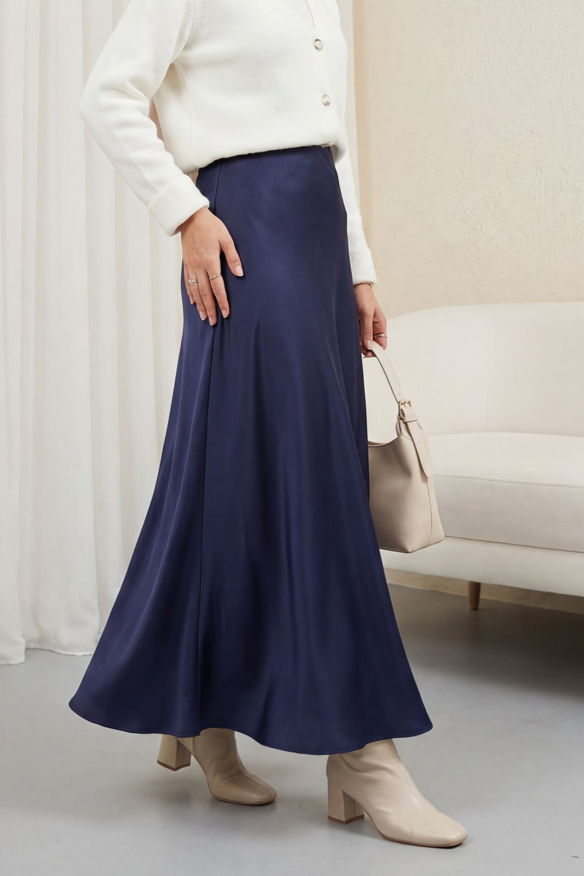 Navy Blue Elastic Waist Satin Skirt - Podyumplus - by Peralane