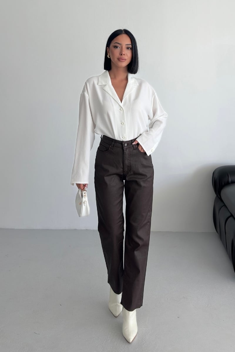 Women's High Waist Straight Leg Faux Leather Trousers with Fringe Hem, Brown - Xlove - by Peralane - photo 4