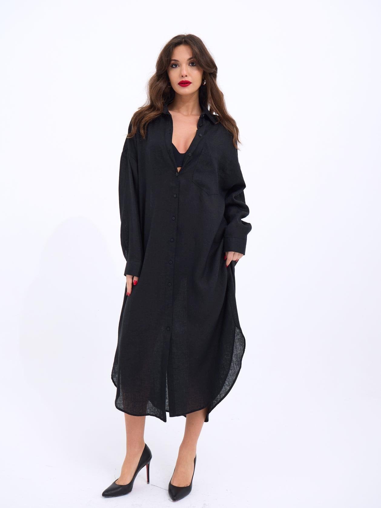 Black Linen-Blend Shirt Dress with Collar and Chest Pocket - Fame - by Peralane