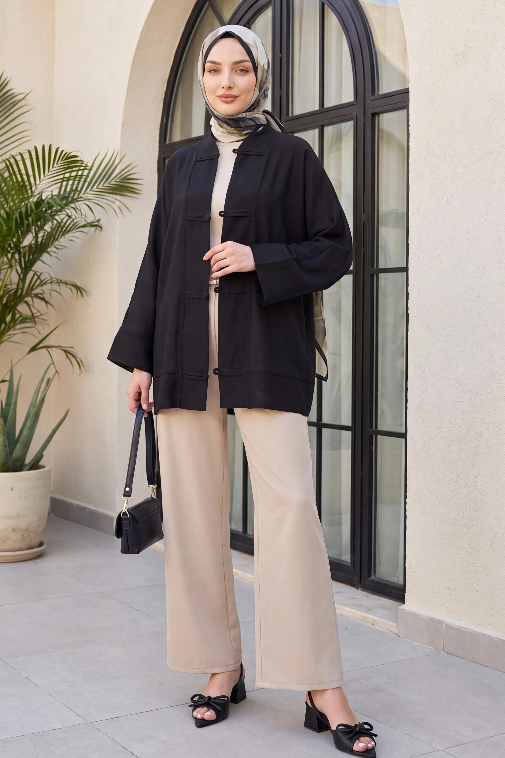 Bias-Trim Button V-Neck Organza Voile Oversize Kimono - Black - Podyumplus - by Peralane - photo 3
