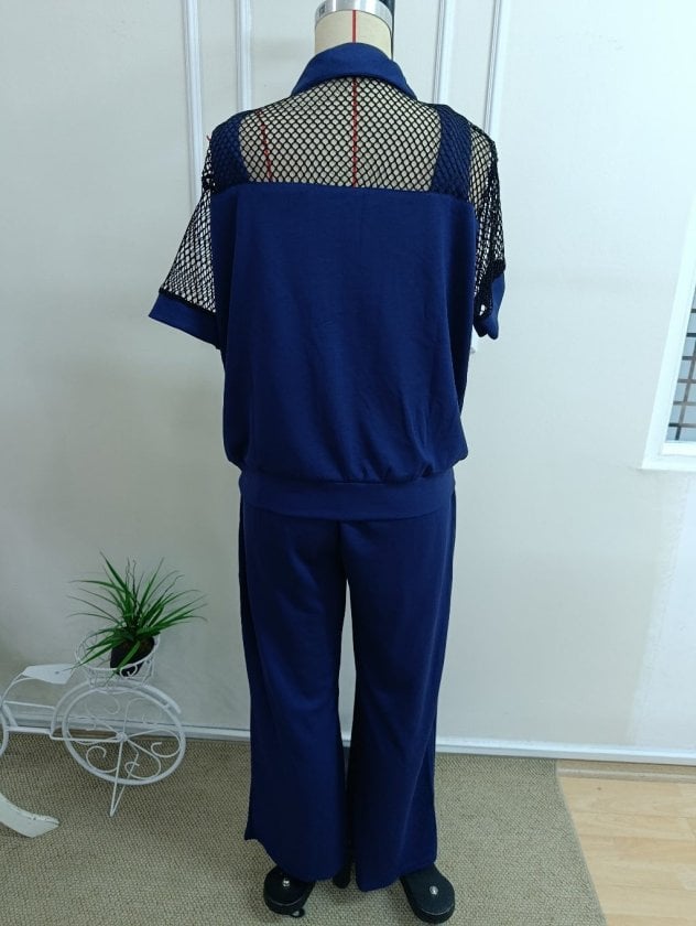 Women's Short-Sleeve Collared Mesh Detail Shirt and Wide-Leg Trousers Set - Janes - by Peralane - photo 5