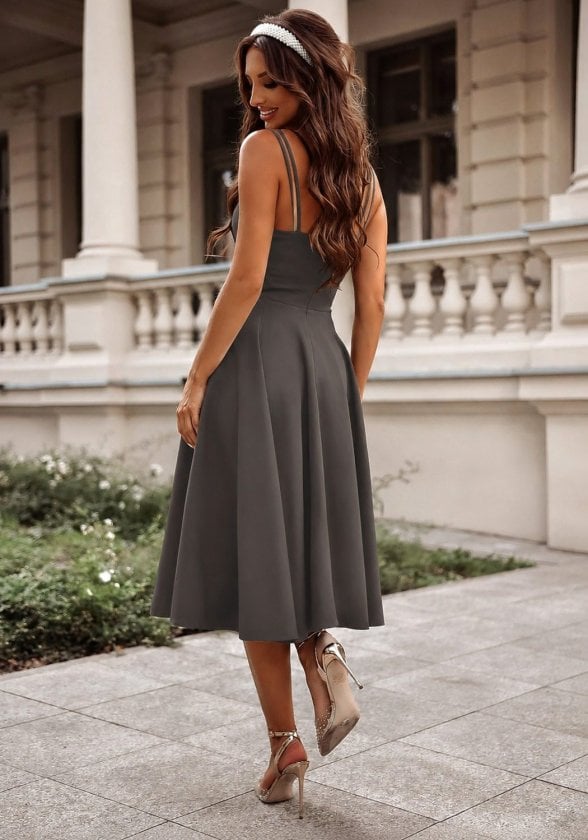 Women's Spaghetti Strap V-Neck Midi Crepe Dress - Janes - by Peralane - photo 3