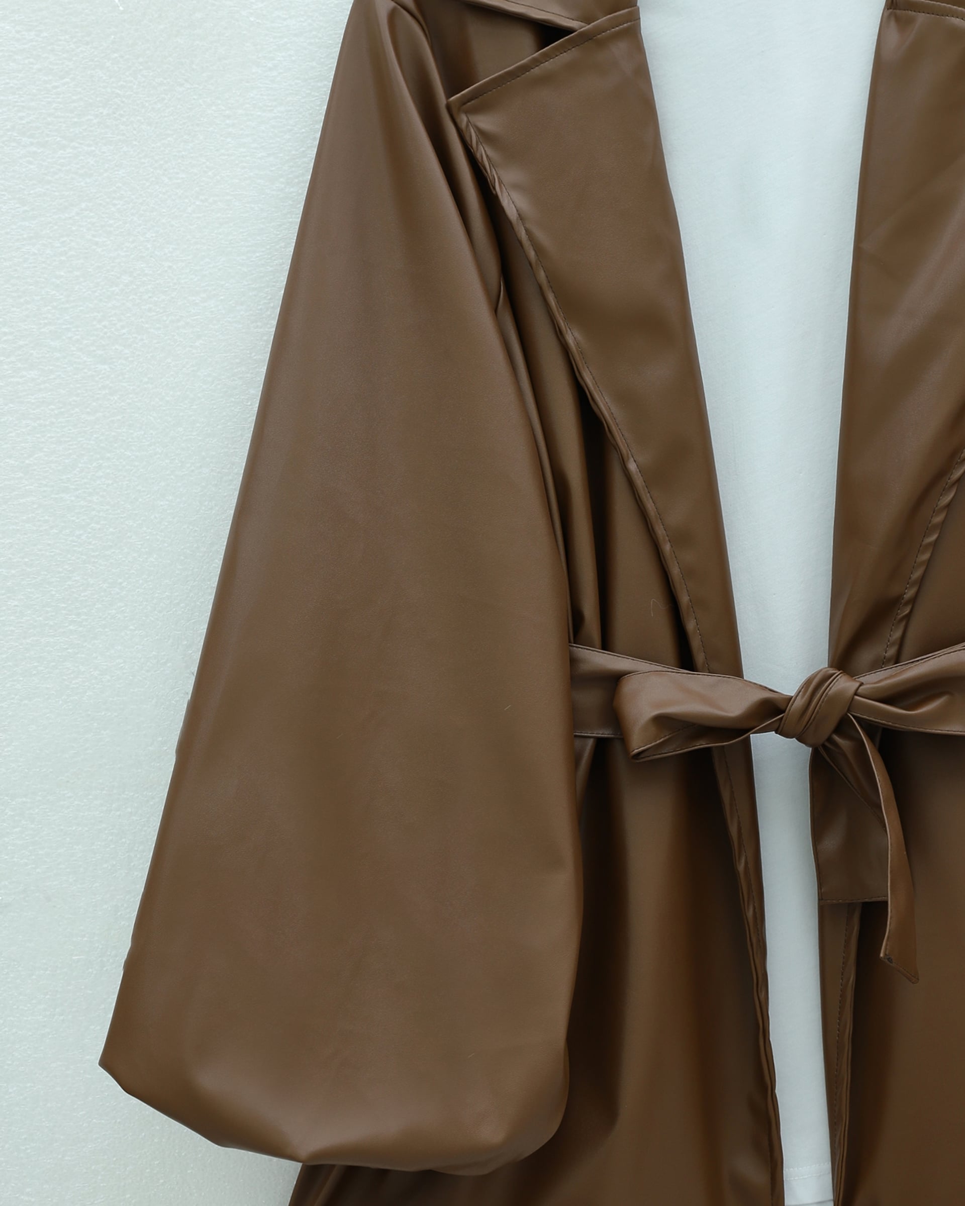 Balloon Sleeve Belted Faux Leather Trench Coat - Tan - Podyumplus - by Peralane - photo 3