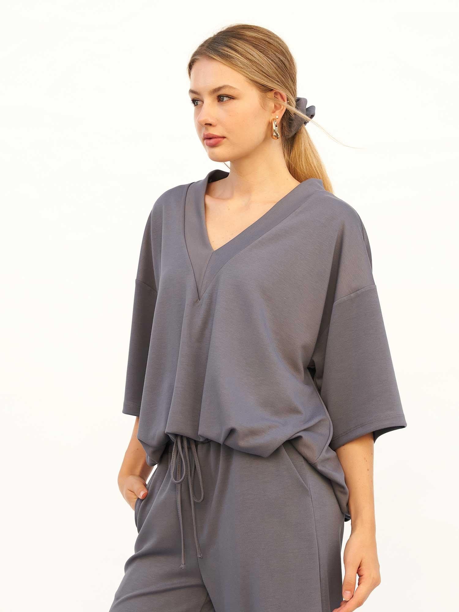 Women's Anthracite V-Neck Knit Blouse with Matching Trousers Set - Lefon - by Peralane - photo 6