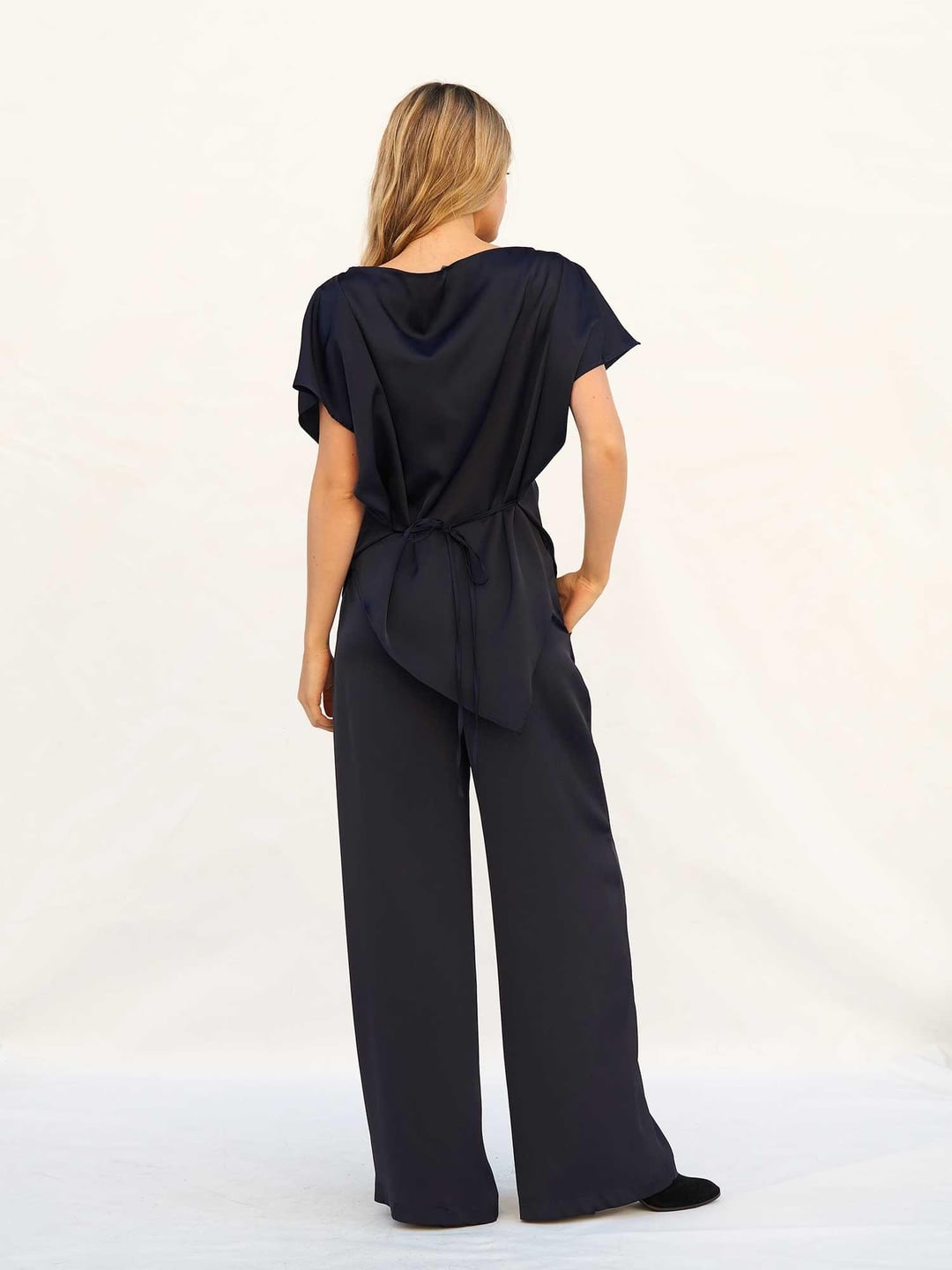 Navy Blue Satin Blouse and Trousers Set with Lace Trim - Lefon - by Peralane - photo 3