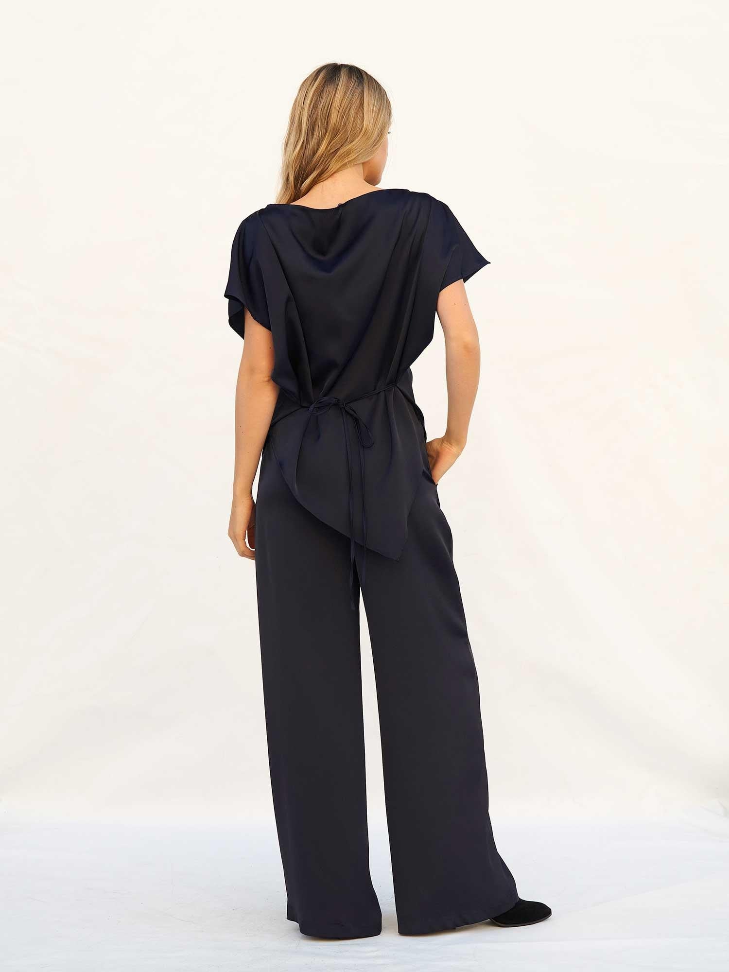 Navy Blue Satin Blouse and Trousers Set with Lace Trim - Lefon - by Peralane - photo 3