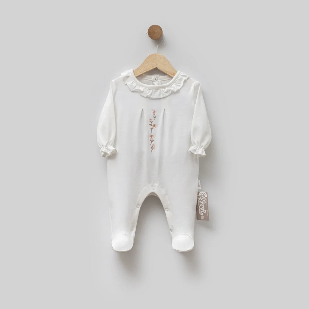 Baby Romper with Floral Embroidery and Ruffled Collar - Ecru - Flexi Baby - by Peralane