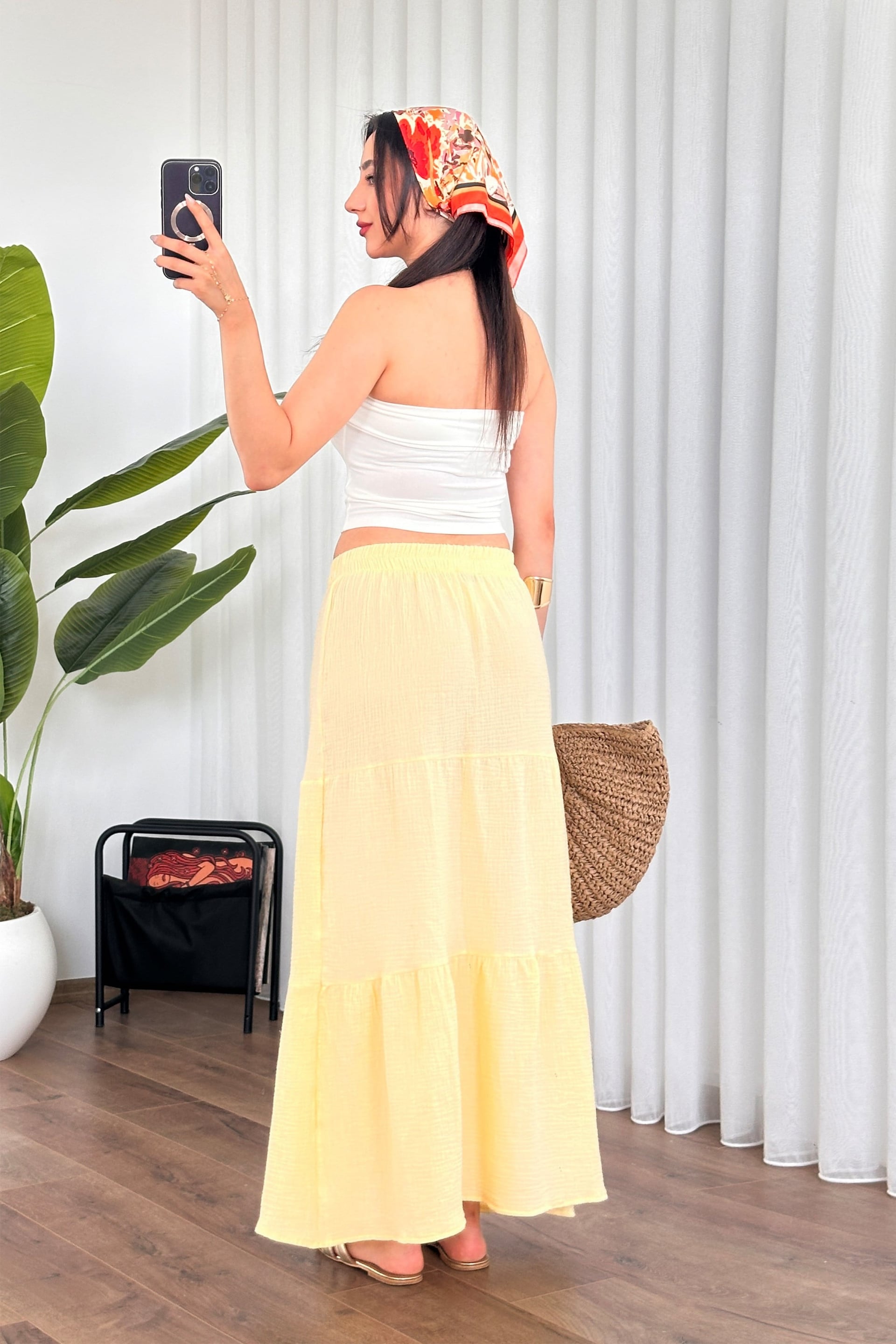 Yellow A-Line Muslin Cotton Long Skirt with Tie-Front Blouse Set - Lustri̇n - by Peralane - photo 5