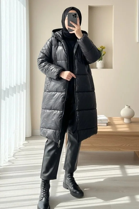 Black Hooded Quilted Puffer Jacket with Drawstring Detail - Podyumplus - by Peralane