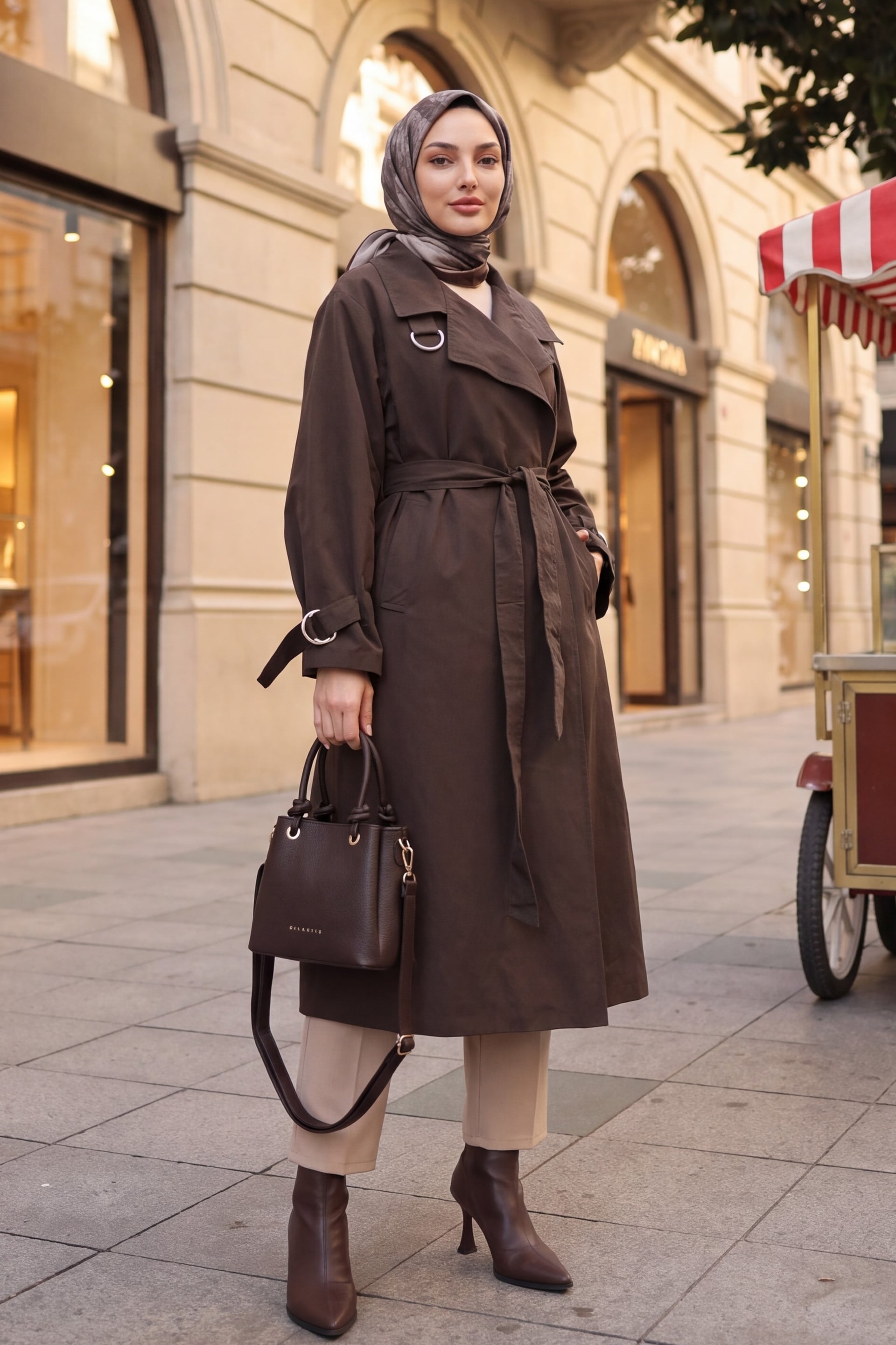 Double-Breasted Belted Lined Double-Pocket Trench Coat - Dark Brown - Podyumplus - by Peralane - photo 3