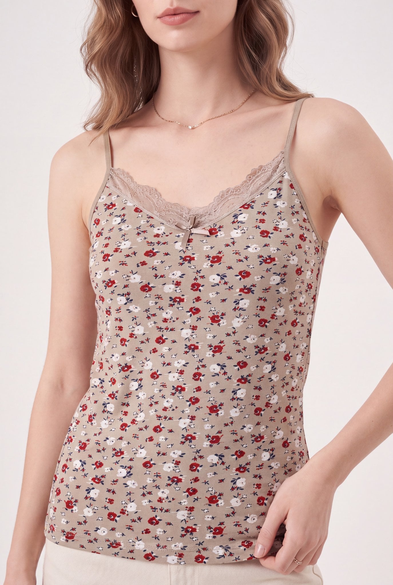 Lace Trim Floral Print Tank Top - Light Brown - Podyumplus - by Peralane - photo 3
