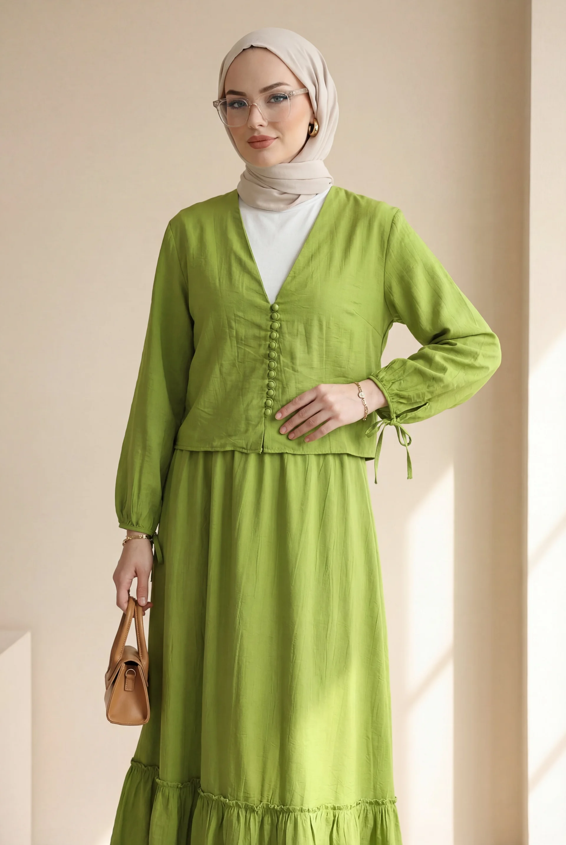 V-Neck Tie-Sleeve Top and Buttoned Skirt Modest Set in Olive Green - Podyumplus - by Peralane - photo 3