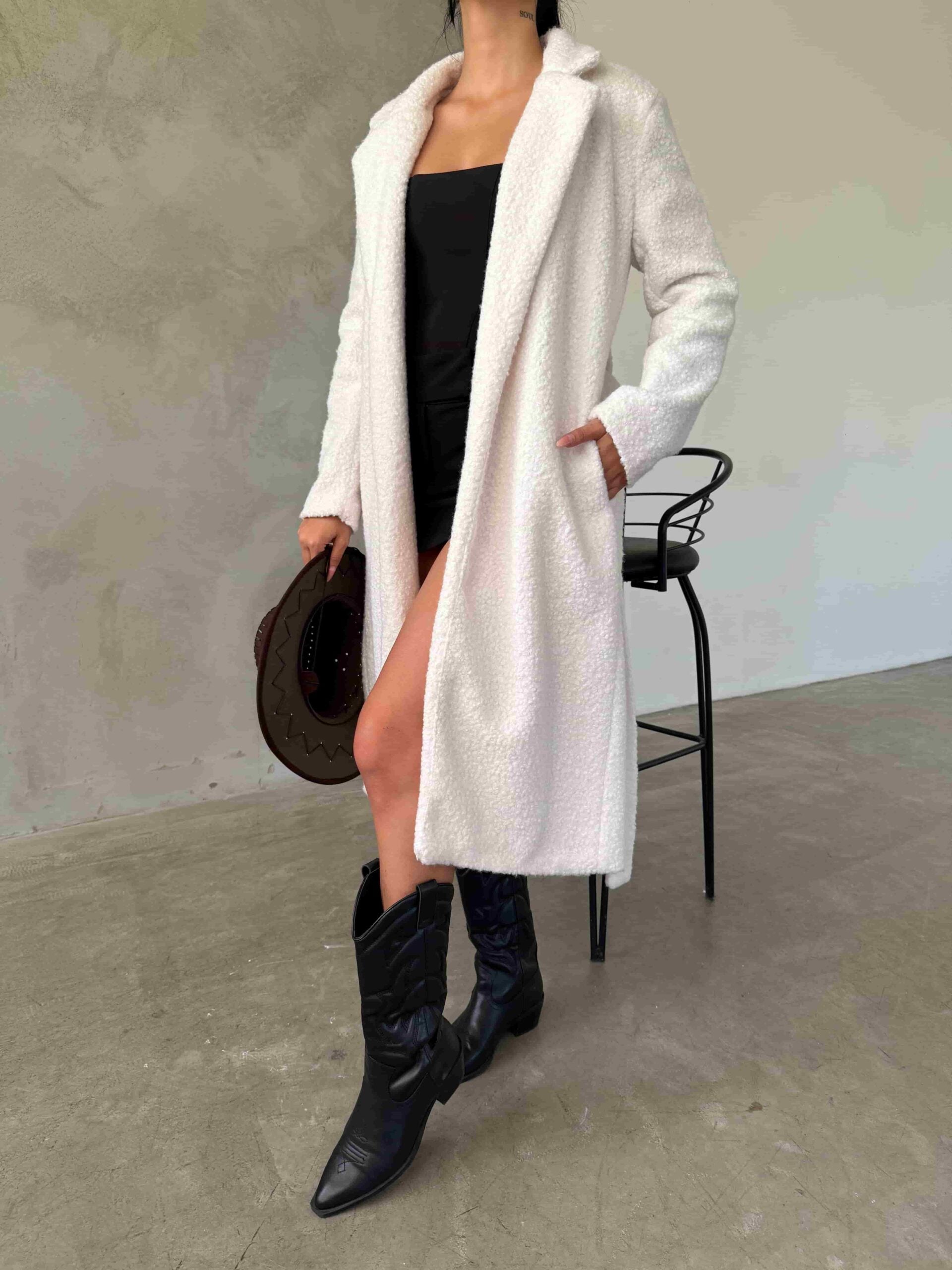 Women's Long White Textured Coat with Belt - My Bee - by Peralane - photo 2