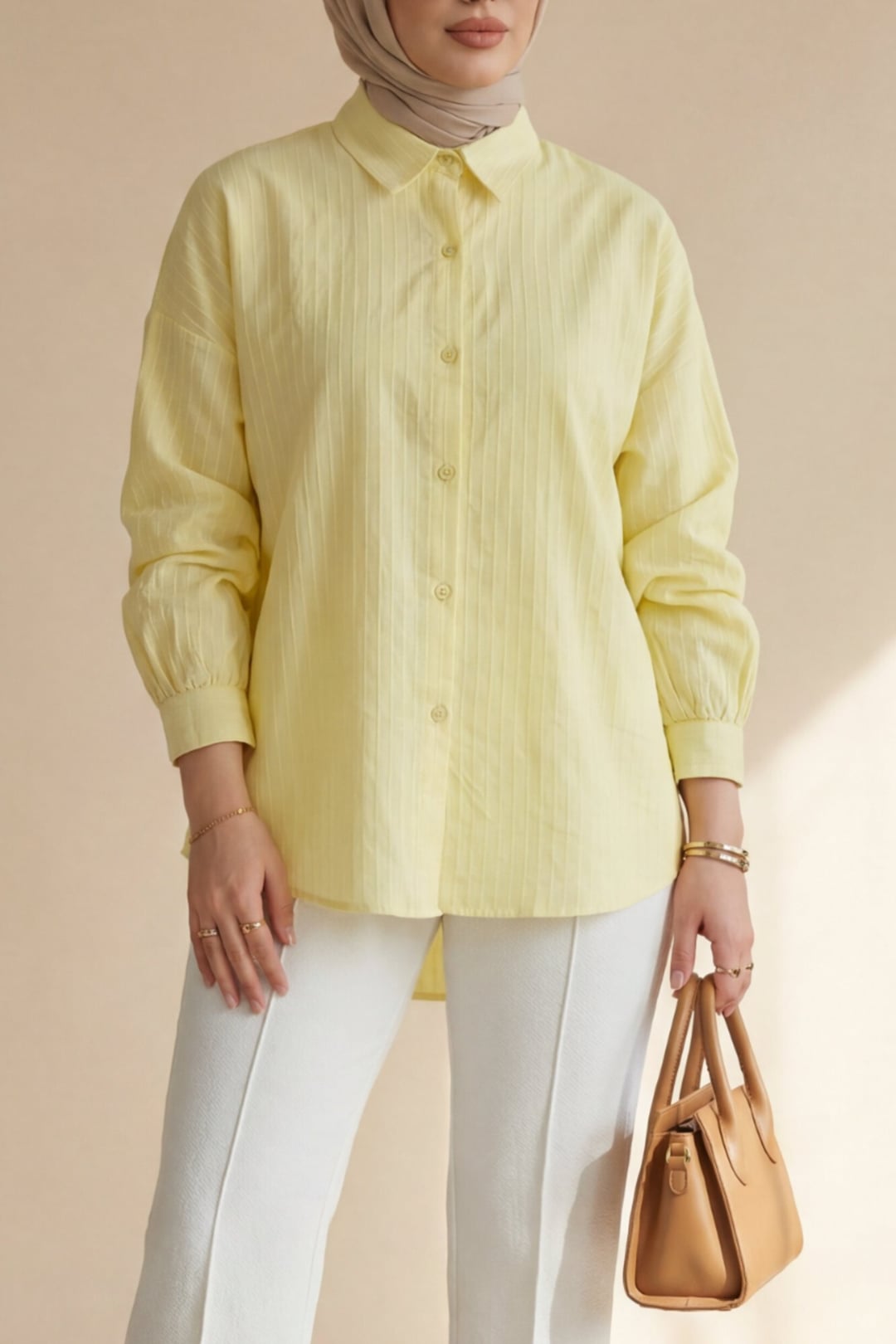 Long Back Striped Button Casual Blouse - Yellow - Podyumplus - by Peralane