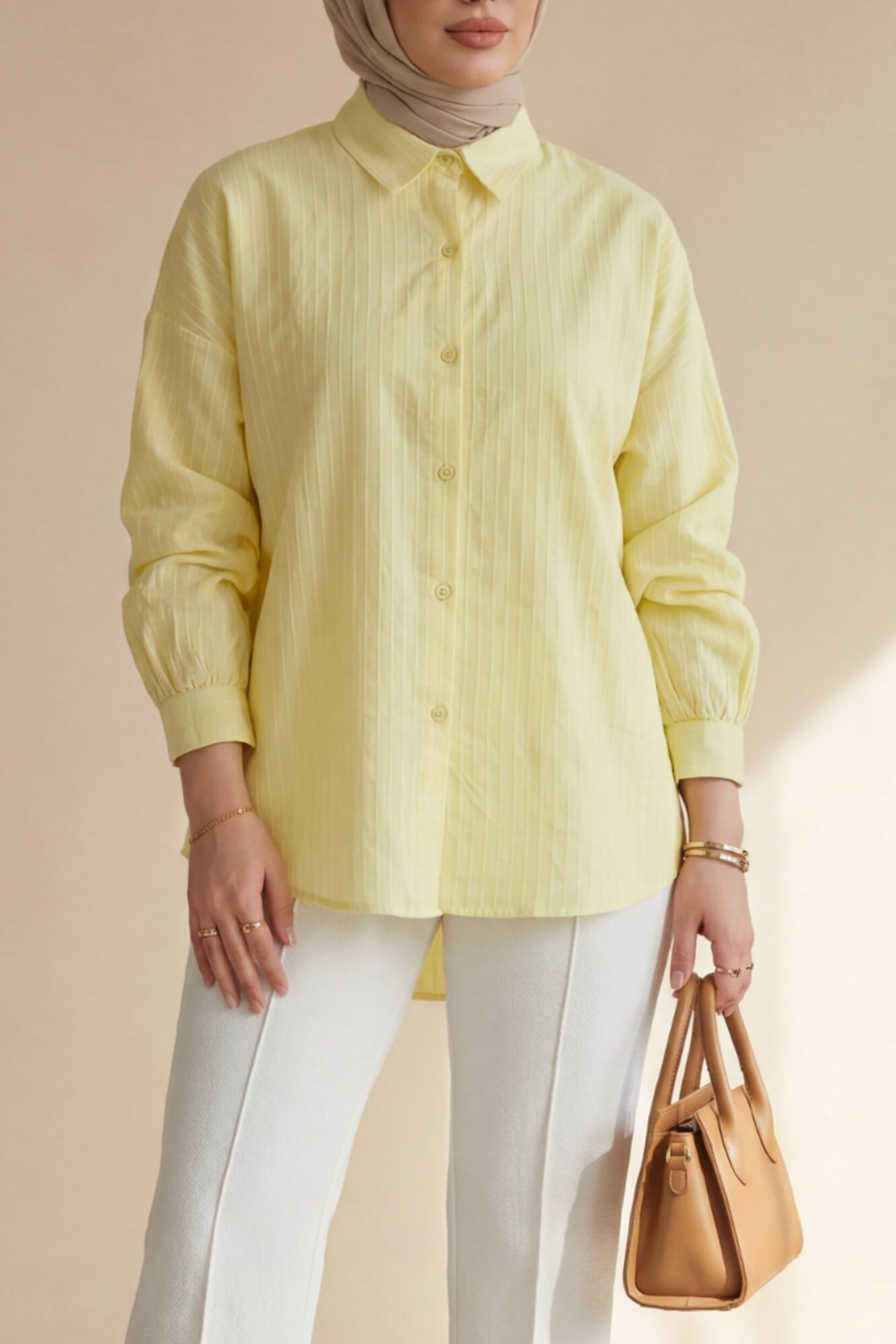 Long Back Striped Button Casual Blouse - Yellow - Podyumplus - by Peralane
