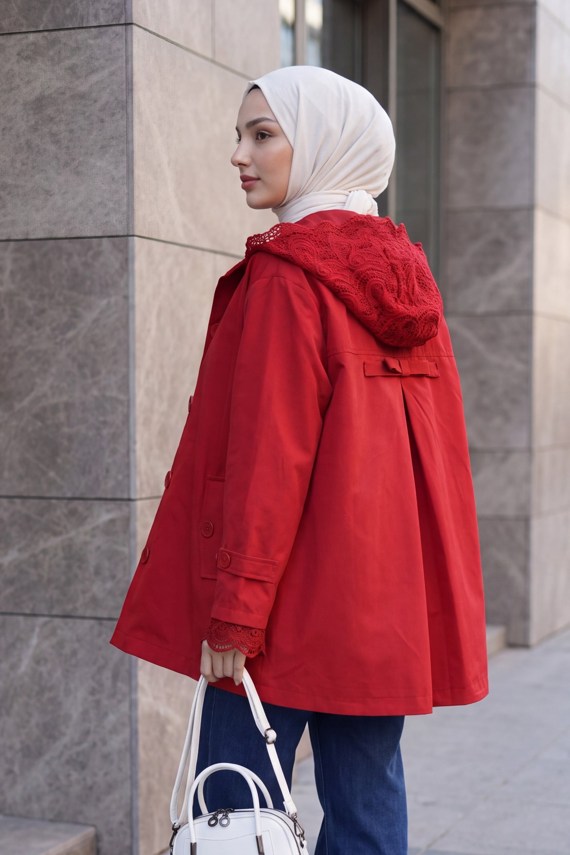Lace Trim Hooded Button Jacket - Red - Podyumplus - by Peralane - photo 4