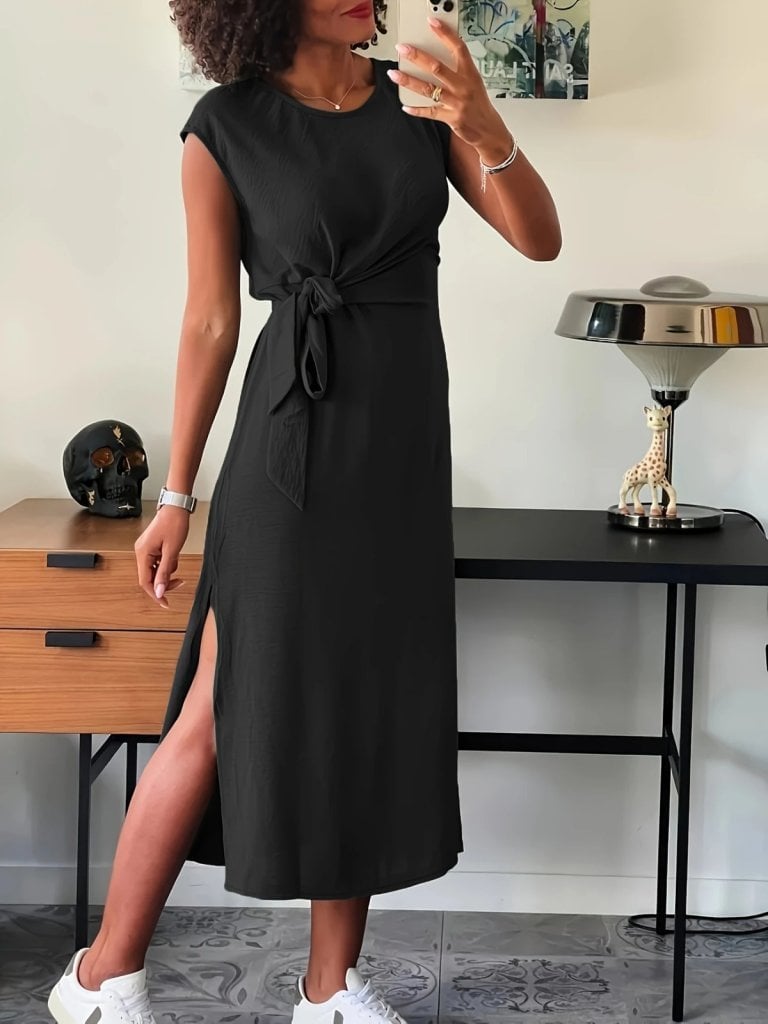 Women's Black Sleeveless Round Neck Tie-Waist Midi Dress with Side Slits - Janes - by Peralane