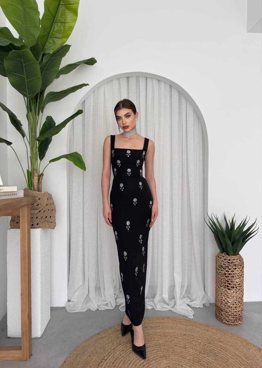 Black Sleeveless Dress with Floral Print and Stone Details - Etika - by Peralane - photo 5