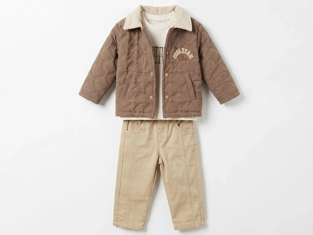 Boys' Quilted Jacket, T-Shirt and Trousers Set in Brown - Canoz - by Peralane