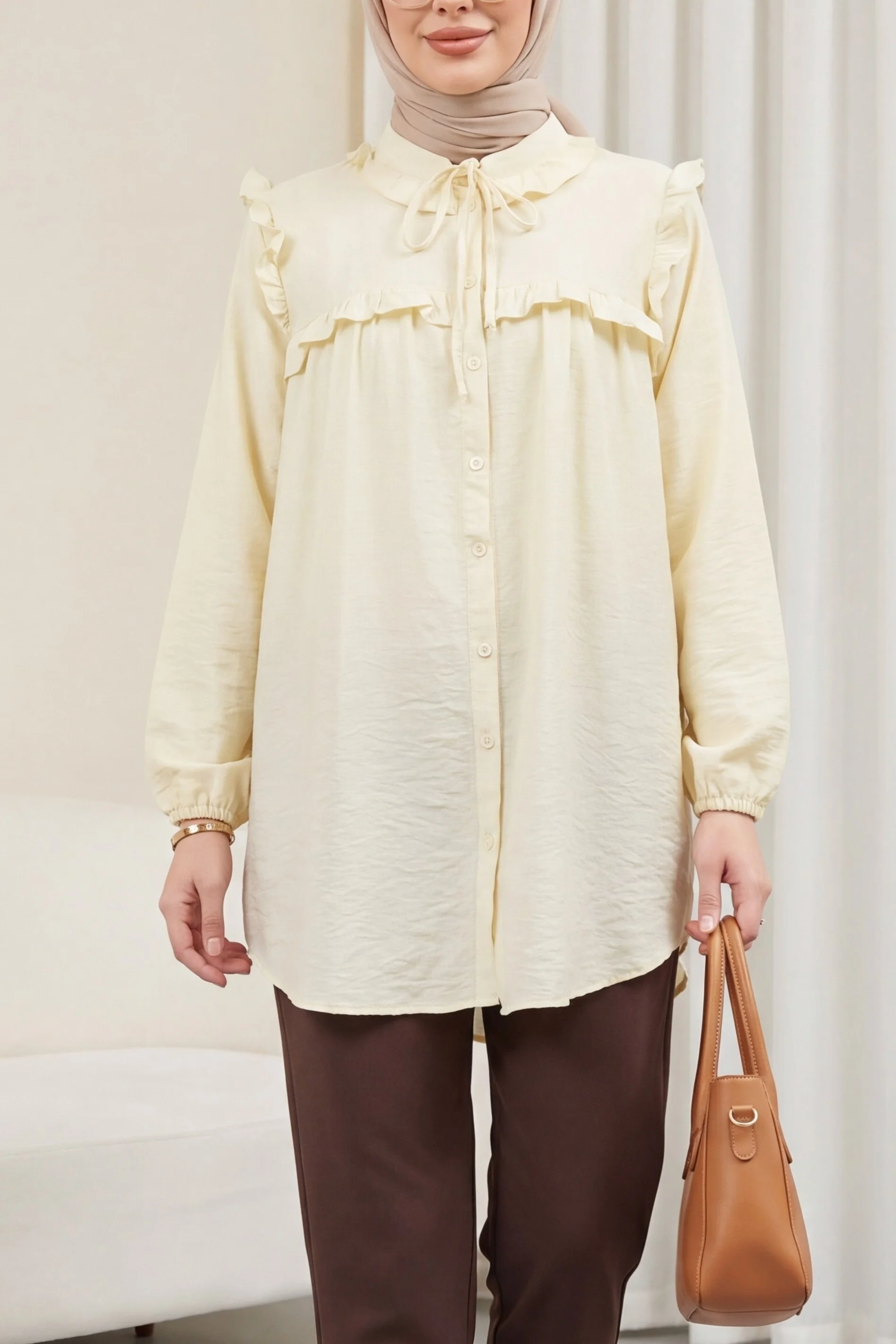 Ruffled Peter Pan Collar Tie-Front Blouse - Ecru - Podyumplus - by Peralane - photo 2