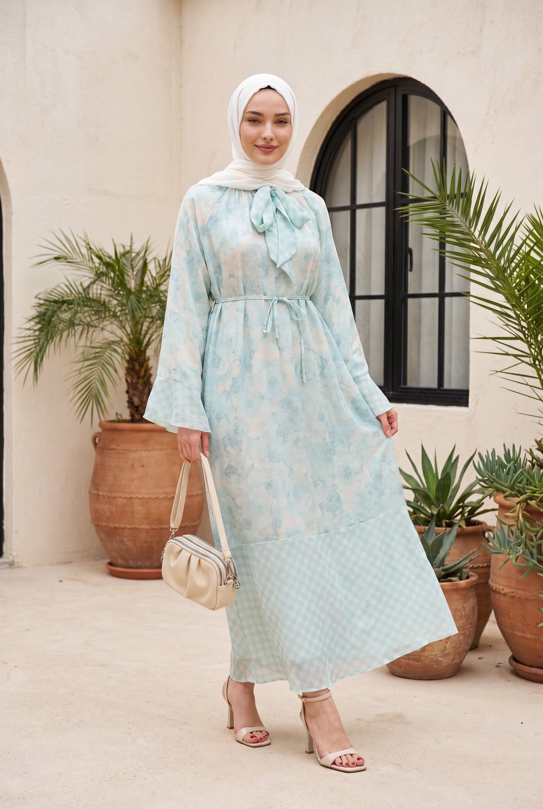 Tie Waist and Neckline Patterned Lined Chiffon Dress - Light Blue - Podyumplus - by Peralane