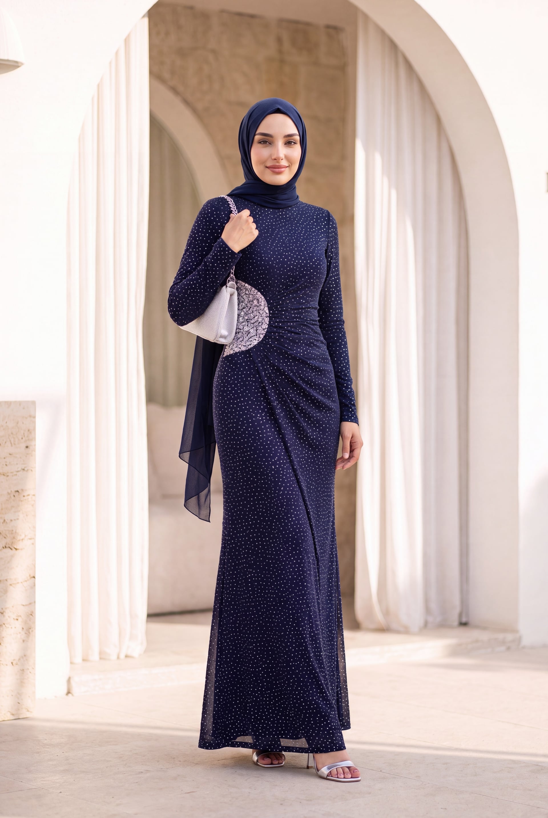 Navy Blue Draped Rhinestone Long Evening Dress - Podyumplus - by Peralane