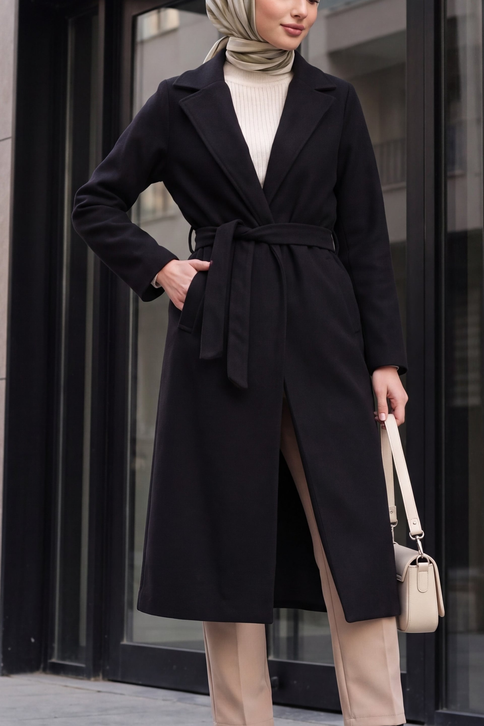 Black Wool Blend Double-Breasted Coat with Self-Tie Belt - Wholeskop - by Peralane