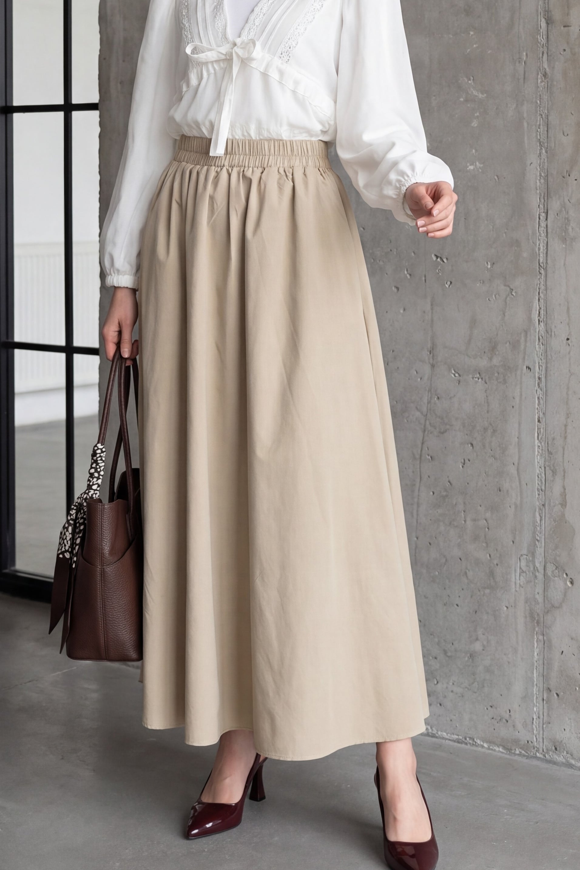Elasticated Waist Double Pocket Poplin Skirt - Beige - Podyumplus - by Peralane