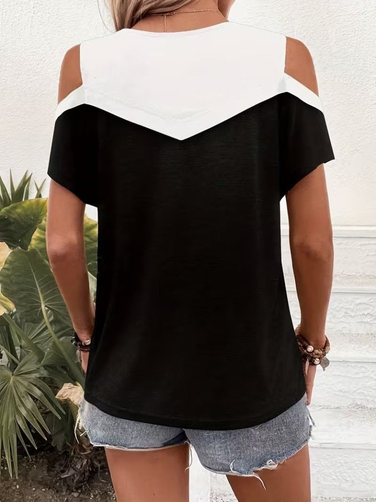 Women's Short-Sleeved Round Neck Two-Tone Viscose Blouse - Janes - by Peralane - photo 4
