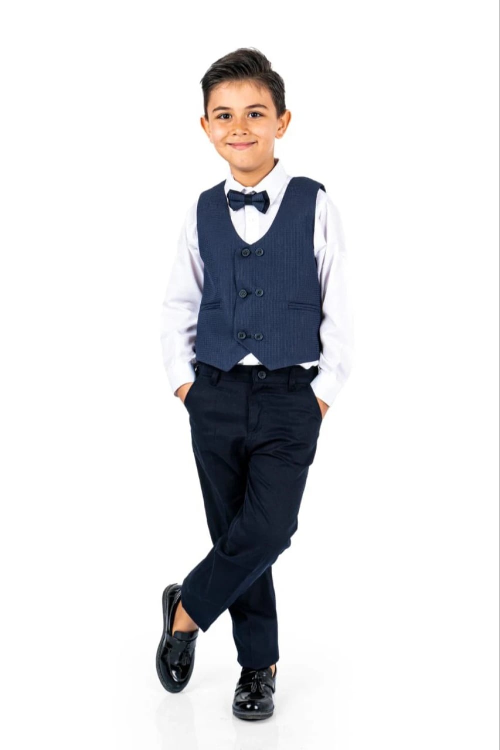 Boys' 4-Piece Suit Set with Waistcoat and Trousers - Navy - Terry - by Peralane