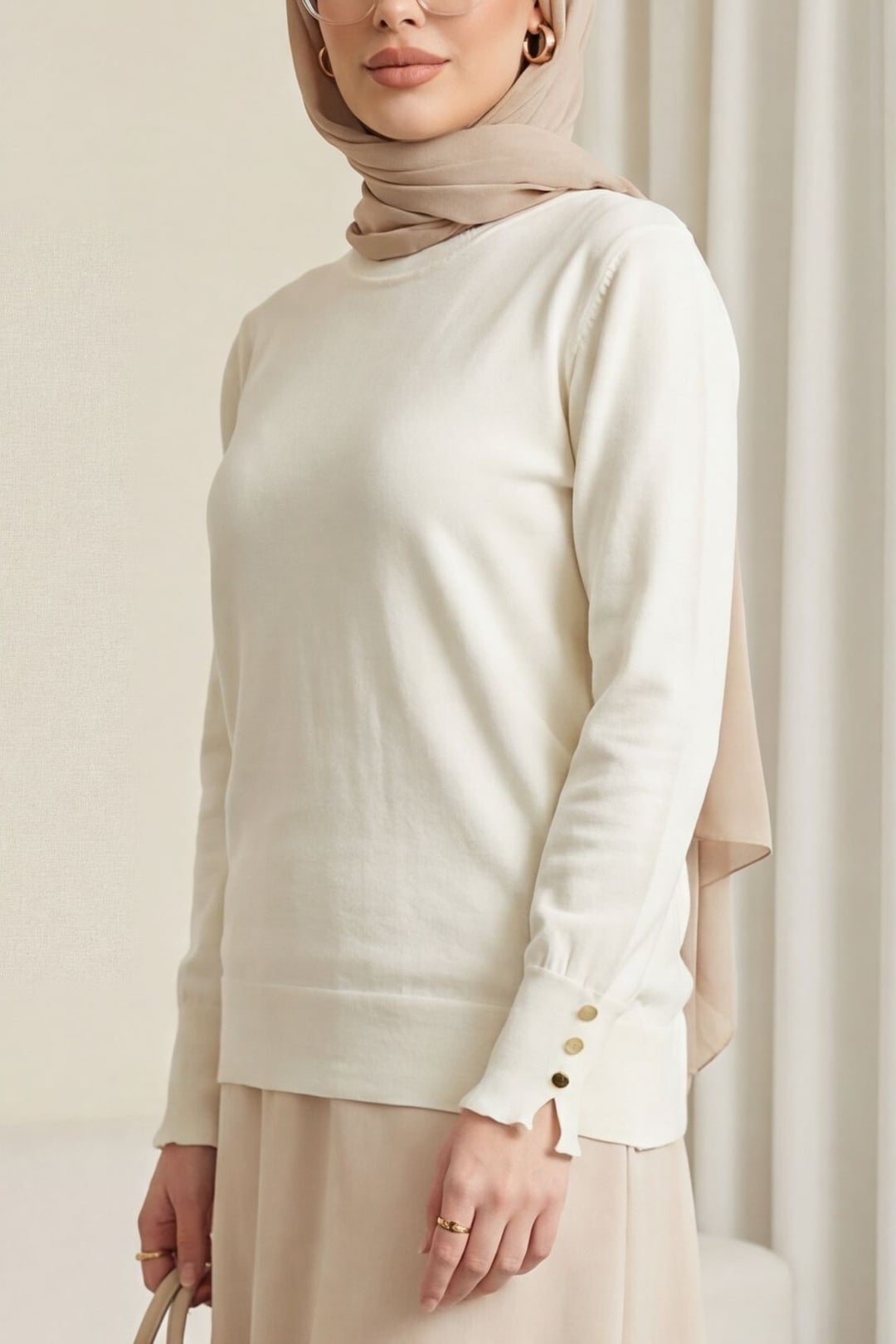 Crew Neck Button Cuff Knit Tunic - Ecru - Podyumplus - by Peralane