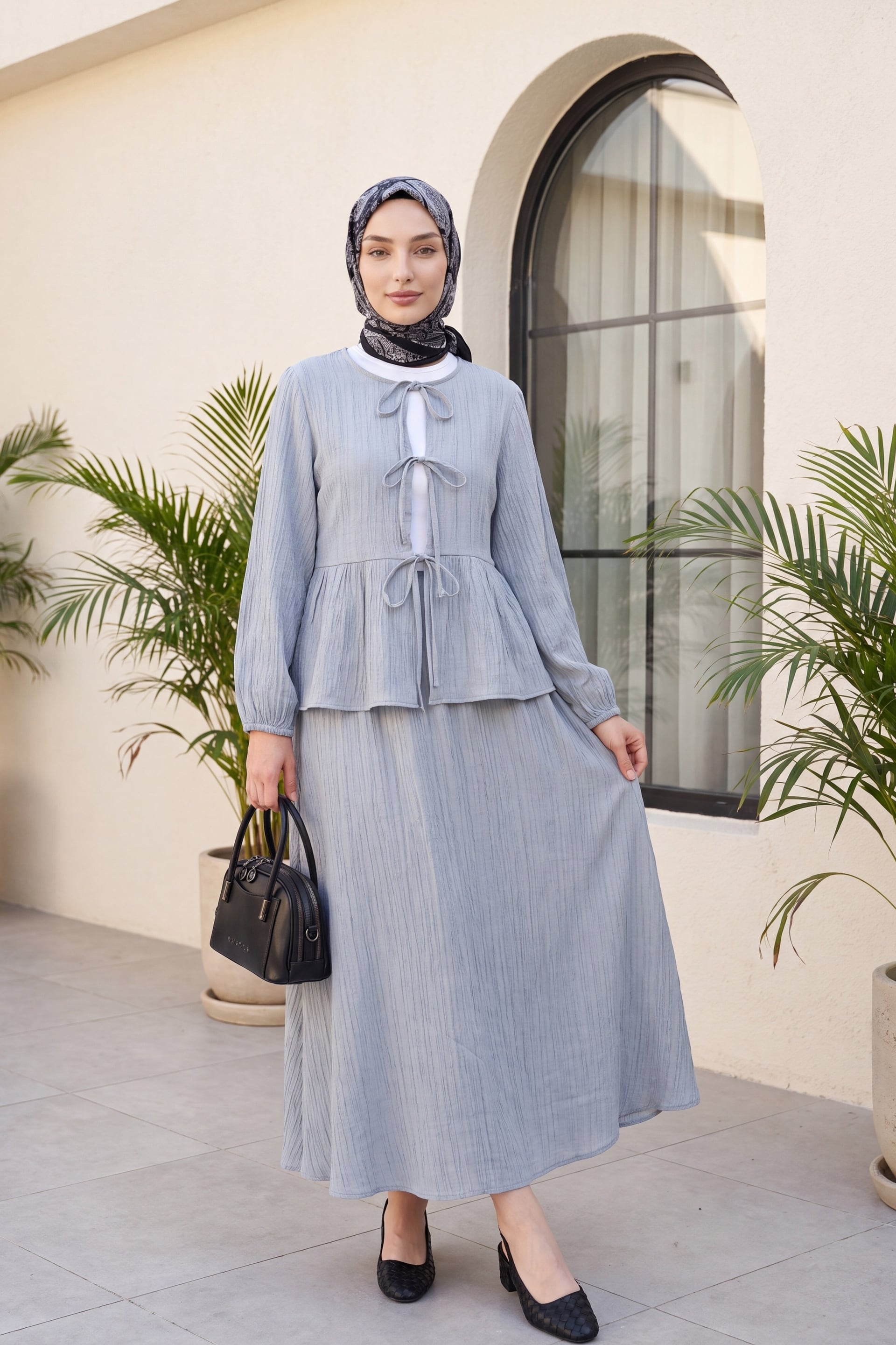 Front-Tie Long-Sleeve Crinkle Tunic and Trousers Set - Light Grey - Podyumplus - by Peralane - photo 2