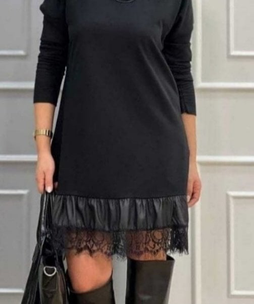 Women's Long Sleeve Round Neck Viscose Two-Thread Mid Dress with Faux Leather Lace Hem - Janes - by Peralane - photo 3