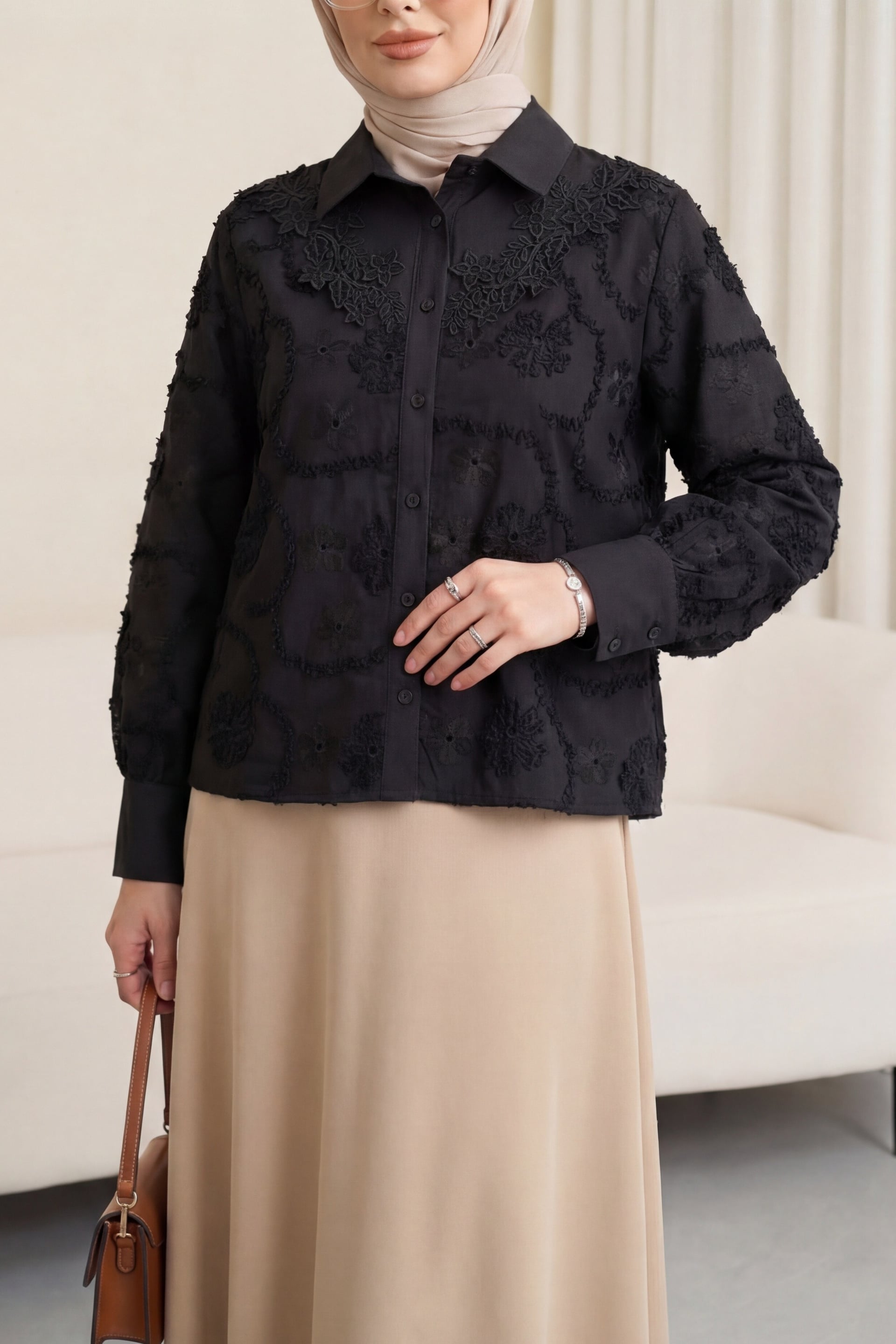 Black Floral Embroidered Mira Shirt with Scalloped Trim and Buttons - Podyumplus - by Peralane