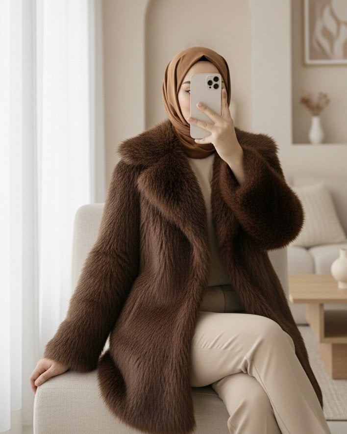 Brown Faux Fur Jacket with Lined Interior and Single Button - Podyumplus - by Peralane