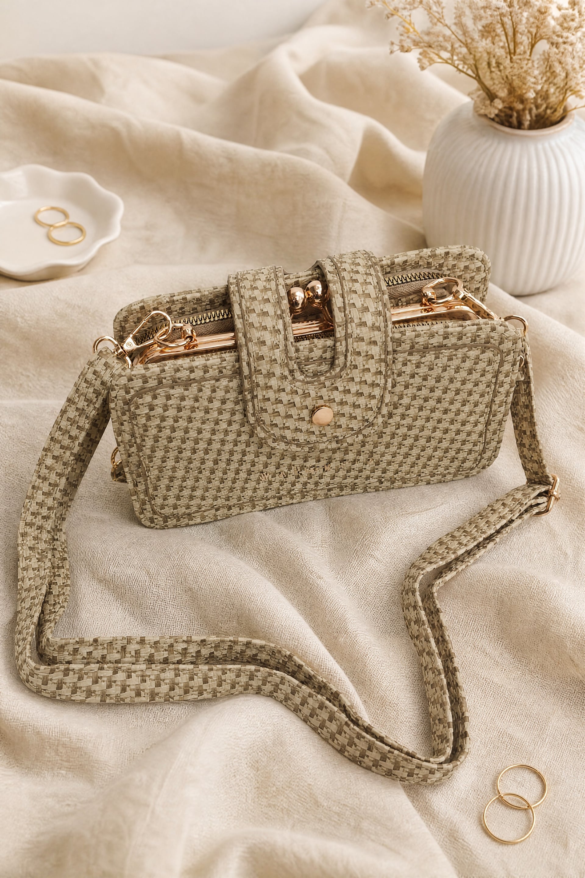 Gold Detailing Multi-Functional Hand and Shoulder Bag - Beige - Podyumplus - by Peralane