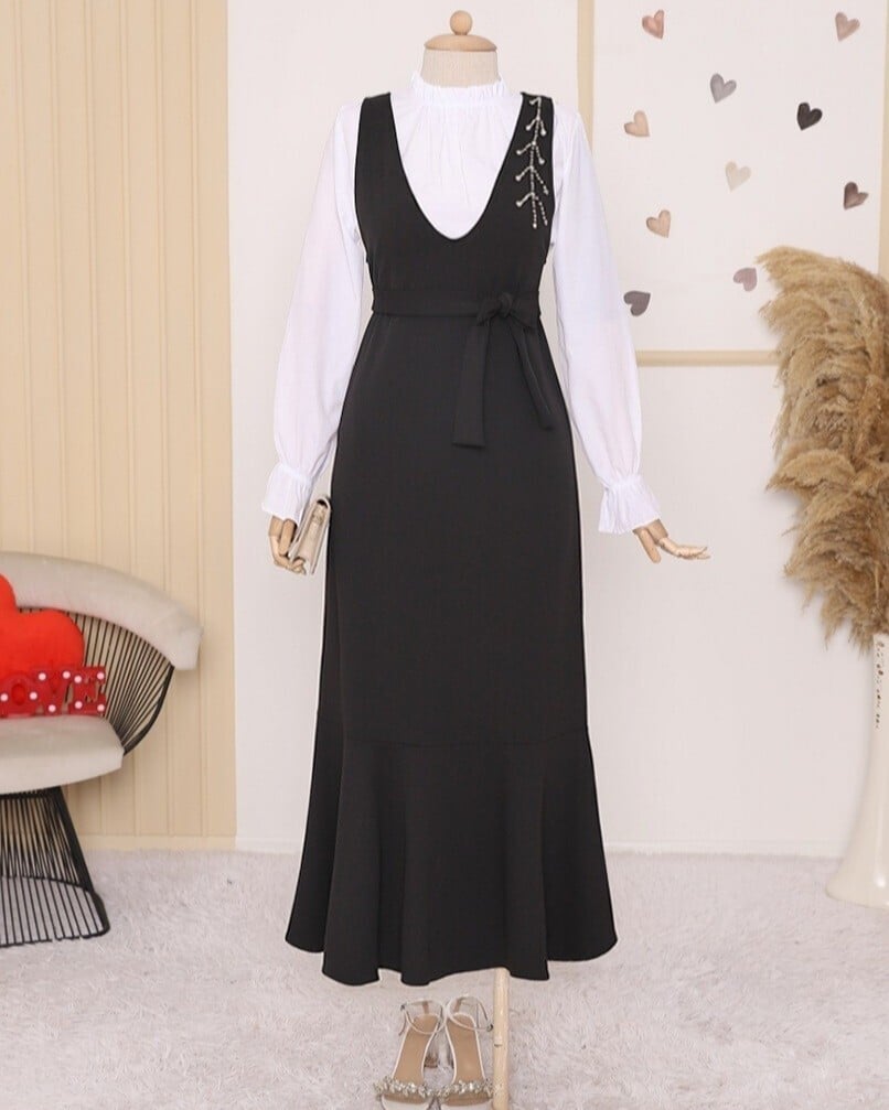 Black Beaded Pinafore Dress with Blouse Set - Podyumplus - by Peralane - photo 2