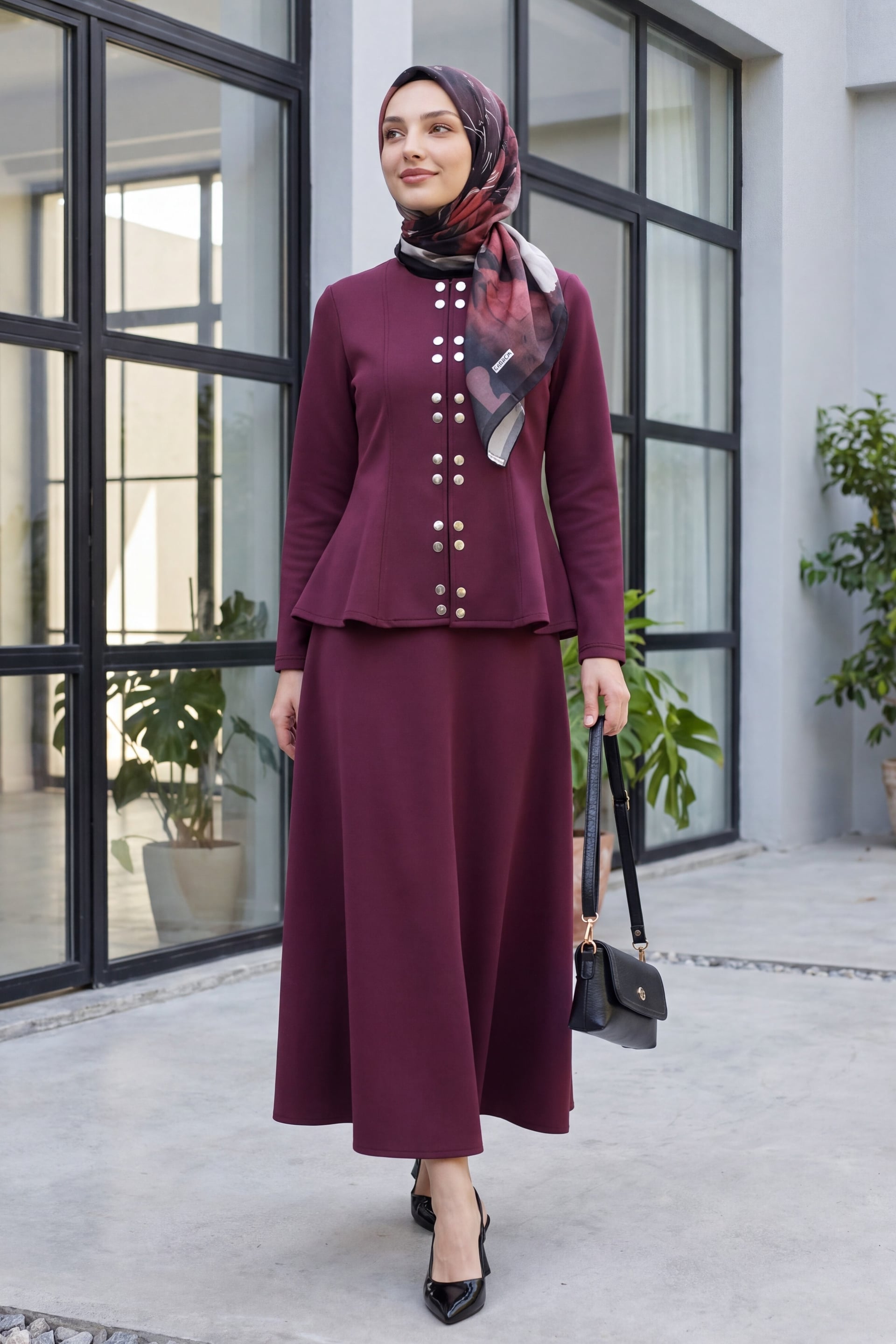 Double Snap Front Peplum Skirt Scuba Set - Burgundy - Podyumplus - by Peralane - photo 3