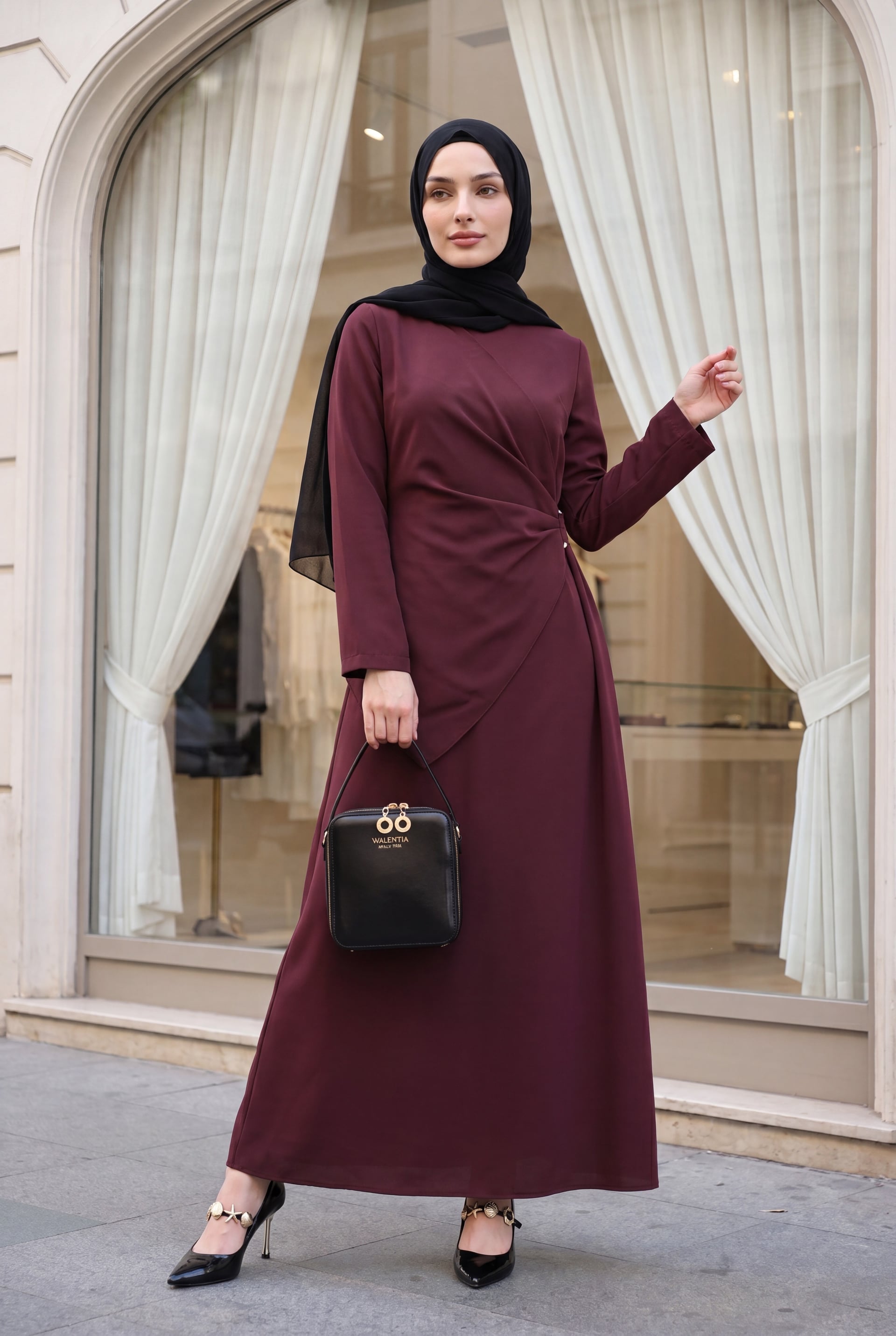 Round Neck Cross Wrap Buckle Dress in Deep Burgundy - Podyumplus - by Peralane - photo 5