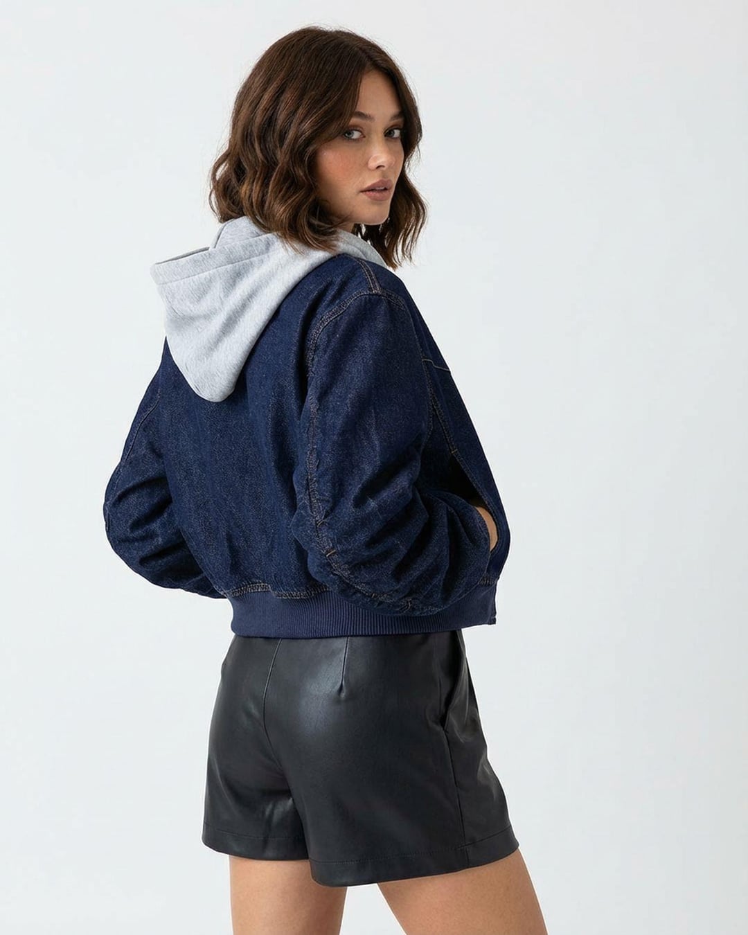 Women's Cotton Denim Jacket with Hooded Lining - Dark Navy - Fame - by Peralane - photo 4
