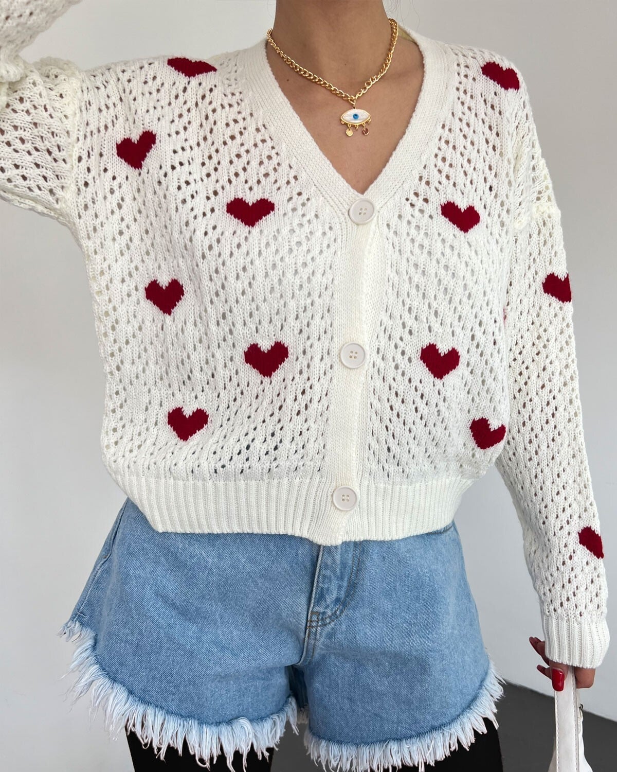 Heart Pattern Buttoned Lace Knit Cardigan - Ecru - Podyumplus - by Peralane - photo 4