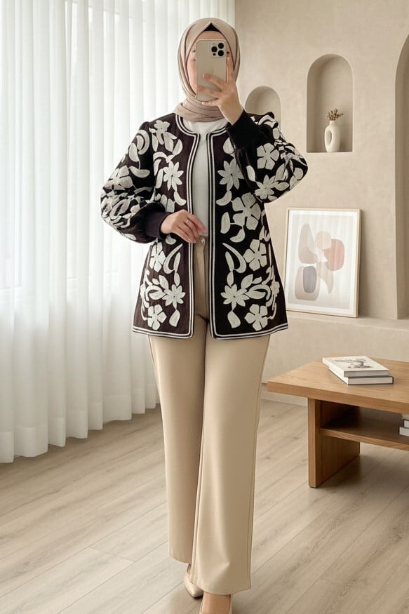 Embroidered Lined Cardigan for Women - Dark Brown - Podyumplus - by Peralane - photo 3