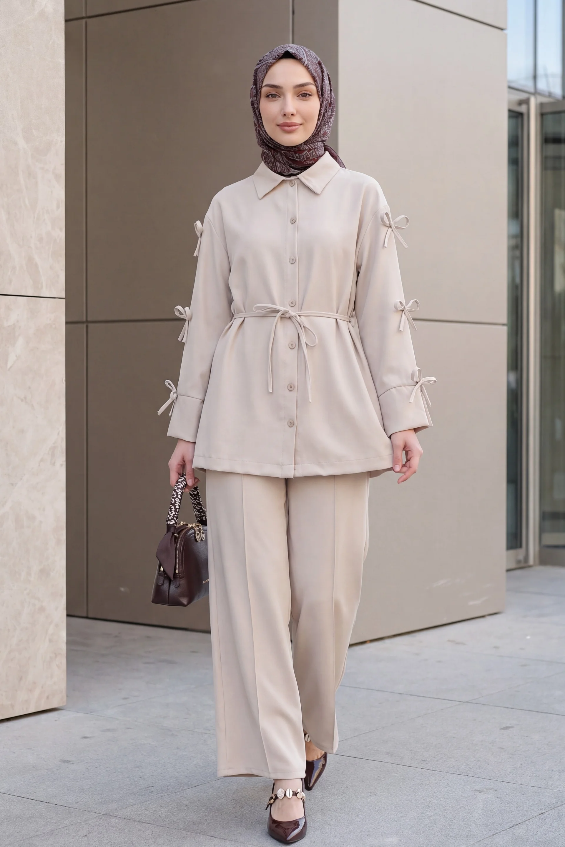 Beige Crepe Two-Piece Set with Bow Detail Sleeves - Podyumplus - by Peralane - photo 4