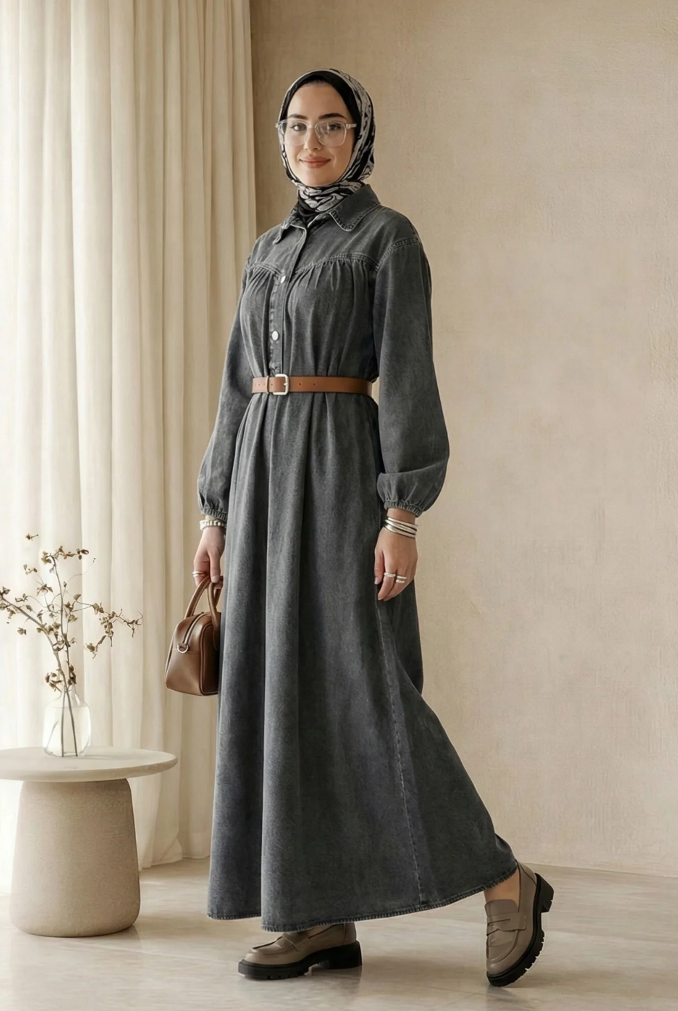Half Button Long Sleeve Belted Denim Dress - Smoke - Podyumplus - by Peralane - photo 3