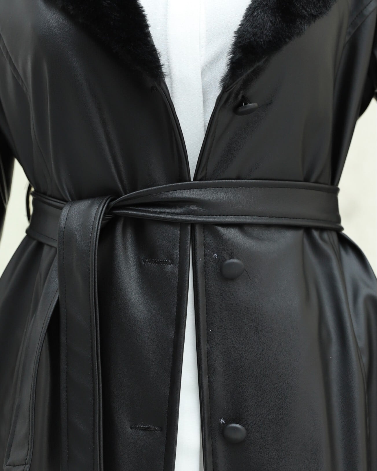 Black Faux Leather Belted Trench Coat with Faux Fur Trim - Podyumplus - by Peralane - photo 4